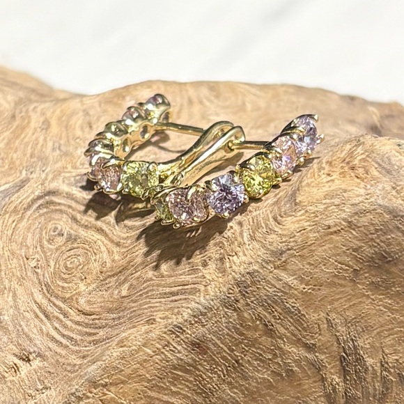 Multicolor Pastel Purple Pink Yellow Gemstone Hoop Gold Tone Earrings - Picture 5 of 15